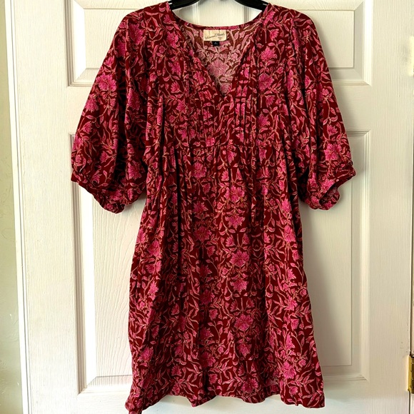 Universal Thread Floral Print Red Balloon Sleeve Knee Length A-Line Dress Medium - Picture 1 of 3